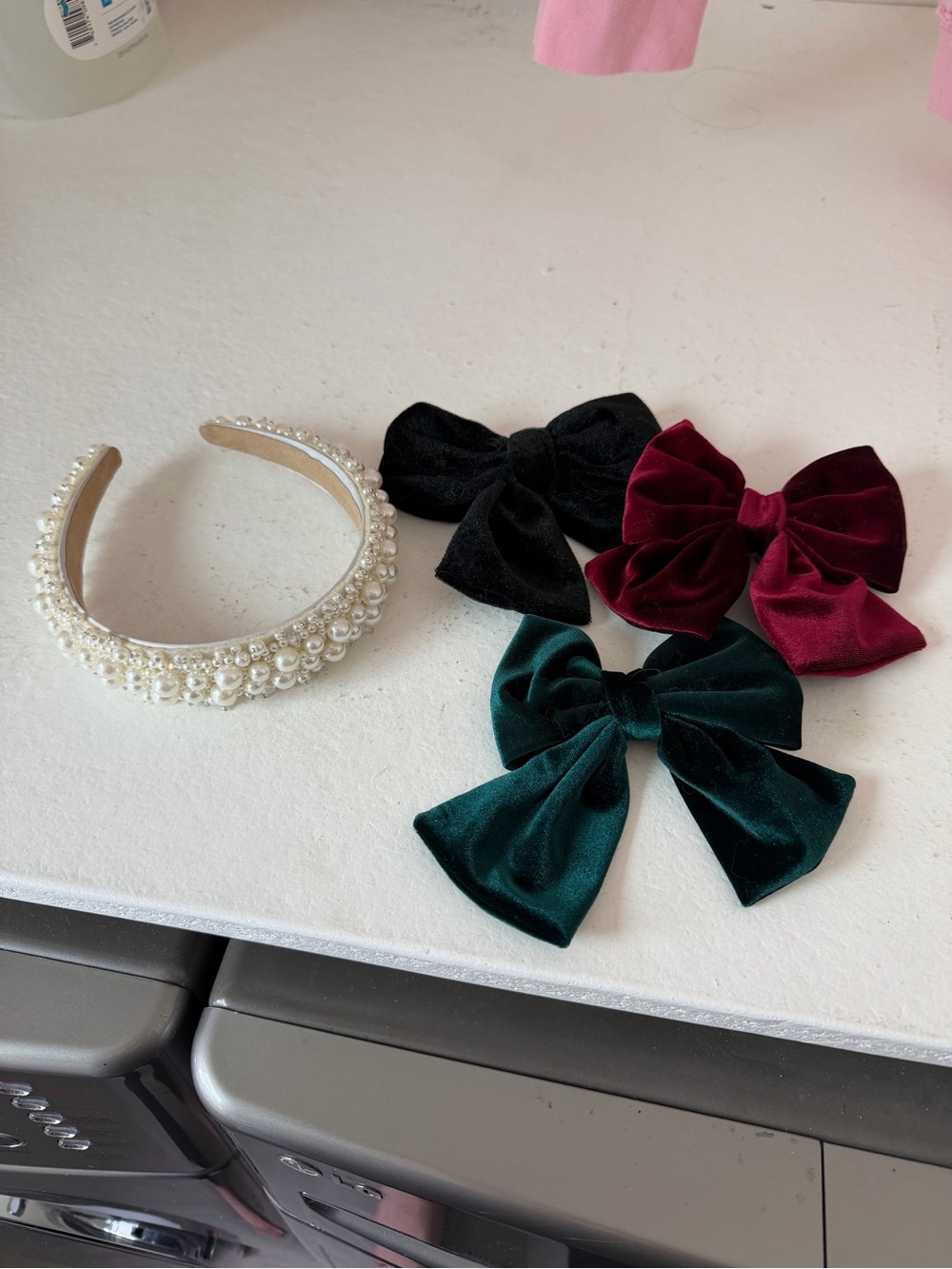 Pearl Headband and Velvet Bow Clip Set - Black, Burgundy, Emerald